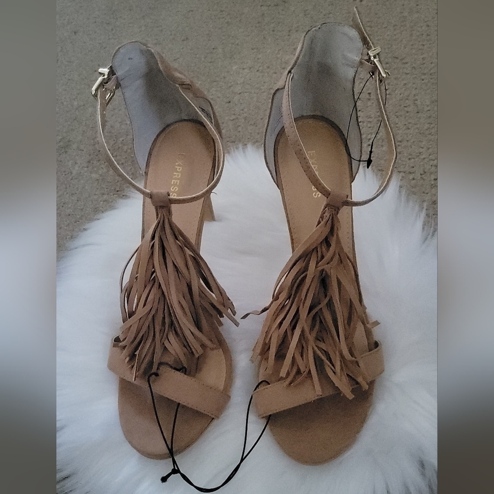 Express Fringe Strappy Heeled Suede Sandals